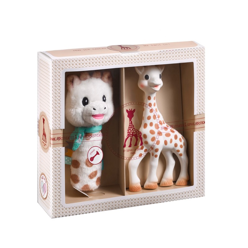 Soft toy with clippacifier (Sophie la girafe)